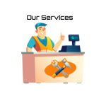A colorful icon of a cartoon service manager is a link that says our services on it, it links to Fast T's Services page where you'll find we provide Car Repairs and Car Services Waukee, West Des Moines, Clive, Urbandale, and Central Iowa. in Iowa. [Automotive-Central Iowa]